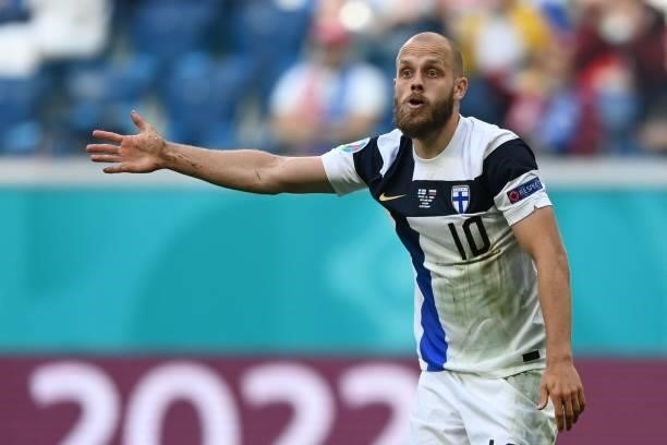Finland's forward Teemu Pukki reacts during the UEFA EURO 2020 Group B football match between Finland and Russia at the Saint Petersburg Stadium in...