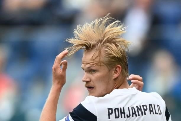 Finland's forward Joel Pohjanpalo reacts during the UEFA EURO 2020 Group B football match between Finland and Russia at the Saint Petersburg Stadium...