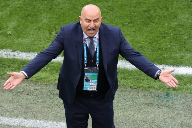 Russia's coach Stanislav Cherchesov reacts from the sidelines during the UEFA EURO 2020 Group B football match between Finland and Russia at the...