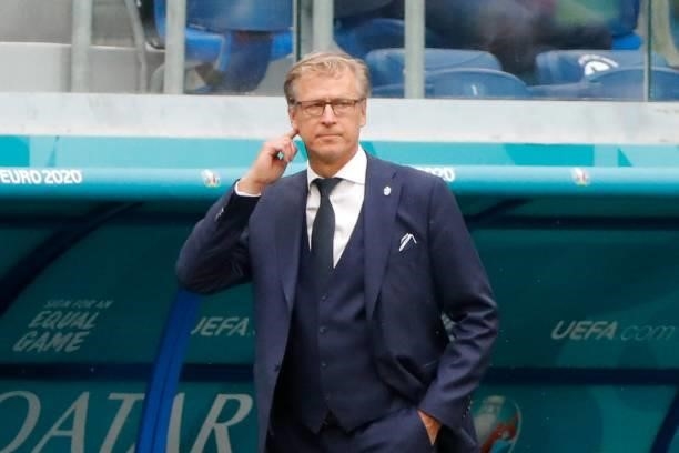 Finland's coach Markku Kanerva reacts from the sidelines during the UEFA EURO 2020 Group B football match between Finland and Russia at the Saint...