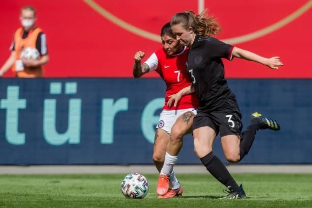 Yenny Acuna of Chile and Jana Feldkamp of Germany battle for the ball during the international friendly match between Germany Women and Chile Women...