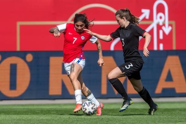 Yenny Acuna of Chile and Jana Feldkamp of Germany battle for the ball during the international friendly match between Germany Women and Chile Women...
