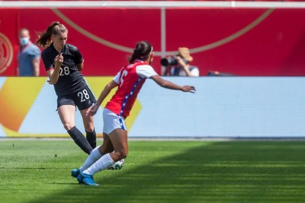 Jule Brand of Germany and Nayadet Lopez of Chile battle for the ball during the international friendly match between Germany Women and Chile Women at...