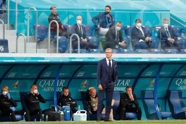 Finland's coach Markku Kanerva follows the action from the sidelines during the UEFA EURO 2020 Group B football match between Finland and Russia at...