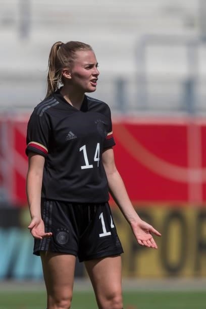 Laura Freigang of Germany gestures during the international friendly match between Germany Women and Chile Women at Stadion Bieberer on June 15, 2021...