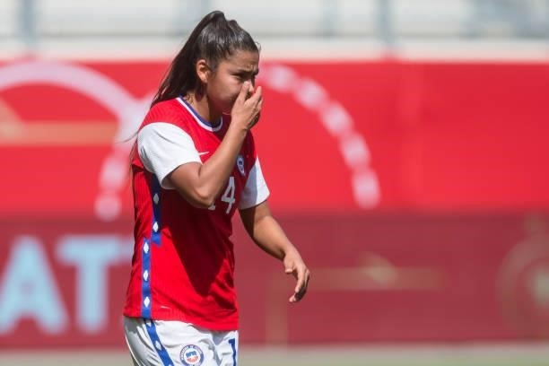 Daniela Pardo of Chile gestures during the international friendly match between Germany Women and Chile Women at Stadion Bieberer on June 15, 2021 in...