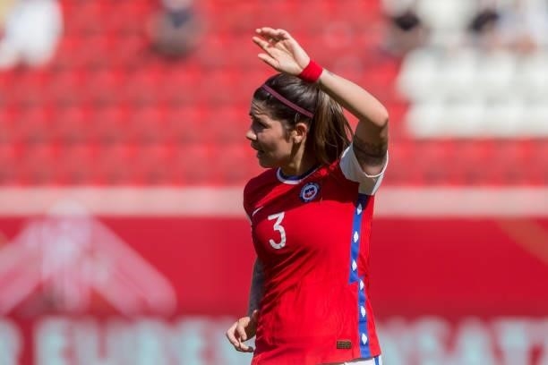 Carla Guerrero of Chile gestures during the international friendly match between Germany Women and Chile Women at Stadion Bieberer on June 15, 2021...