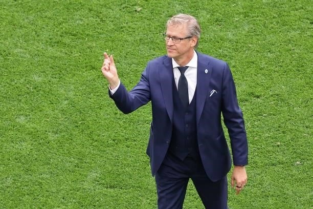 Finland's coach Markku Kanerva reacts during the UEFA EURO 2020 Group B football match between Finland and Russia at the Saint Petersburg Stadium in...