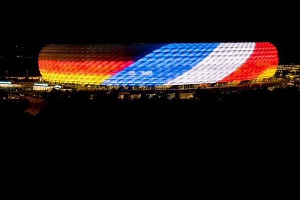 General view illuminated in German and French national colors prior to the UEFA Euro 2020 Championship Group F match between France and Germany on...