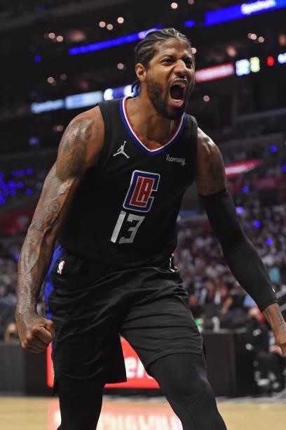 Paul George of the LA Clippers yells and celebrates against the Utah Jazz during Round 2, Game 4 of the 2021 NBA Playoffs on June 14, 2021 at STAPLES...