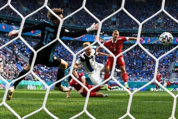 Finland's forward Joel Pohjanpalo scores a goal disallowed for an offside ruling during the UEFA EURO 2020 Group B football match between Finland and...