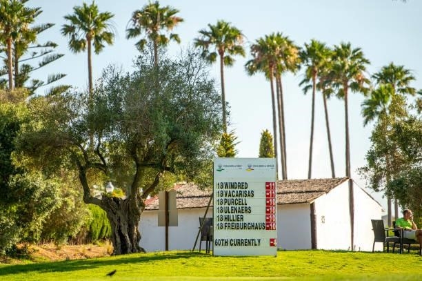 General view of a greenside leaderboard during Day Two of the Challenge de Espana at Iberostar Real Club de Golf Novo Sancti Petri on June 16, 2021...