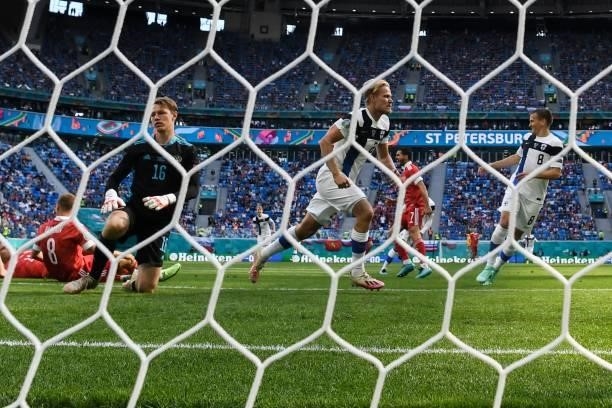 Finland's forward Joel Pohjanpalo celebrates scoring a goal disallowed for an offside ruling during the UEFA EURO 2020 Group B football match between...
