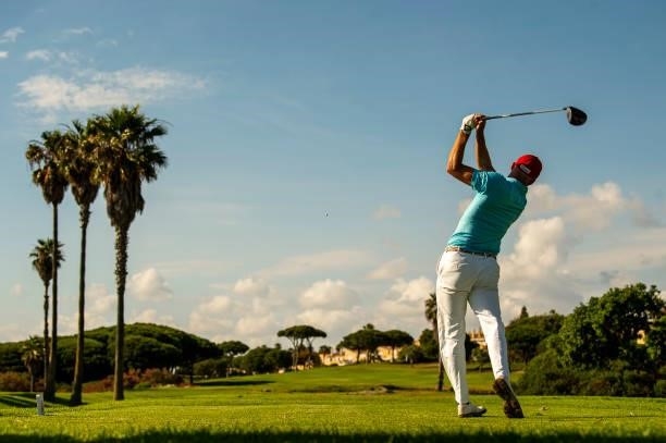 Marco Iten of Switzerland tees off on the eigth hole during Day Two of the Challenge de Espana at Iberostar Real Club de Golf Novo Sancti Petri on...