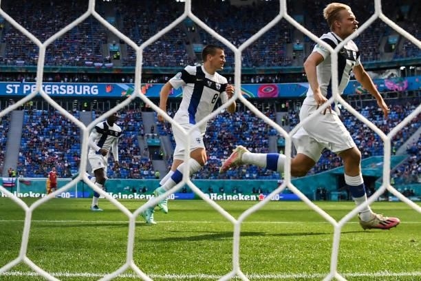 Finland's forward Joel Pohjanpalo celebrates scoring a goal disallowed for an offside ruling during the UEFA EURO 2020 Group B football match between...