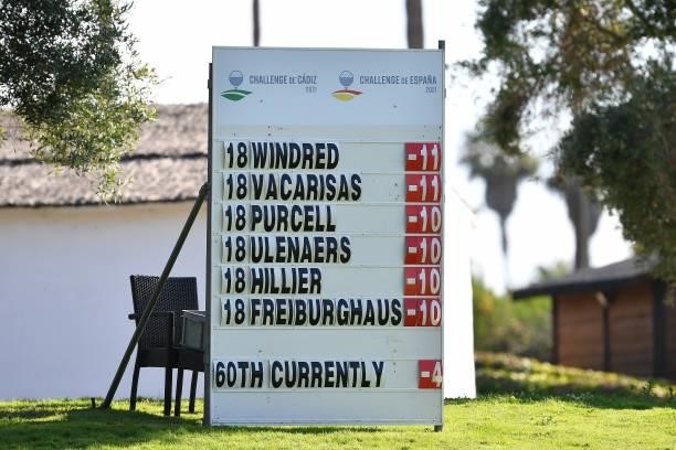 General view of a greenside leaderboard during Day Two of the Challenge de Espana at Iberostar Real Club de Golf Novo Sancti Petri on June 16, 2021...