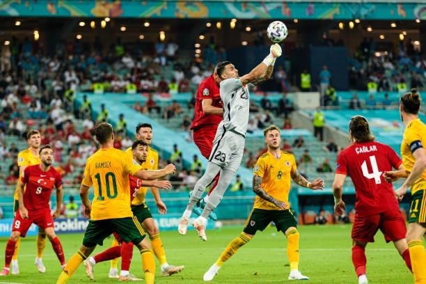 Goalkeeper Ugurcan Cakir of Turkey defends the ball during the UEFA Euro 2020 Championship Group A match between Turkey and Wales on June 16, 2021 in...
