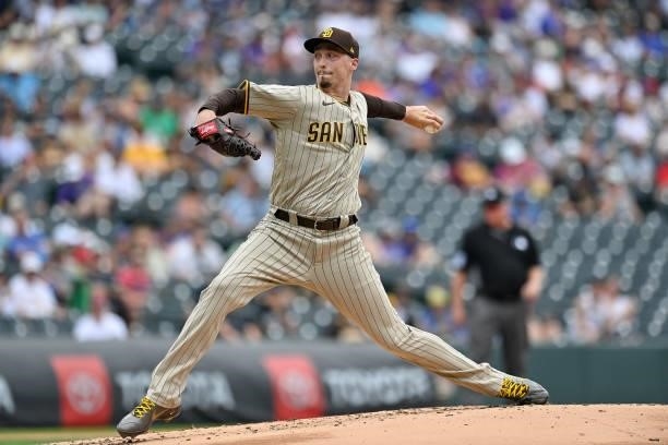 Blake Snell of the San Diego Padres pitches against the Colorado Rockies at Coors Field on June 16, 2021 in Denver, Colorado.