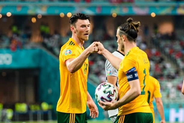 Kieffer Moore of Wales high five his teammate Gareth Bale of Wales during the UEFA Euro 2020 Championship Group A match between Turkey and Wales on...