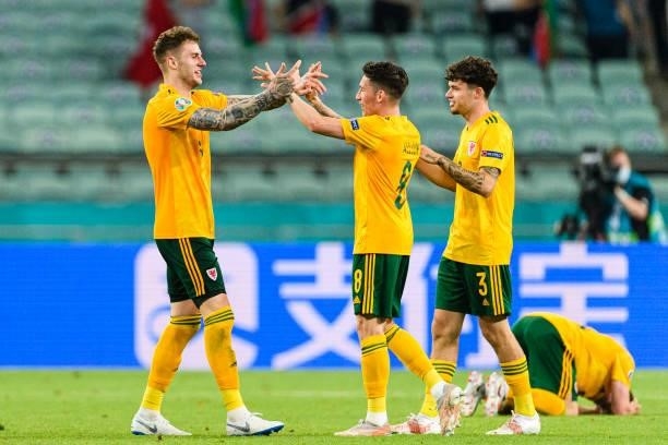 Harry Wilson of Wales celebrating with his teammates after winning against Turkey during the UEFA Euro 2020 Championship Group A match between Turkey...