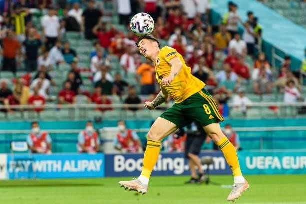 Harry Wilson of Wales heads the ball during the UEFA Euro 2020 Championship Group A match between Turkey and Wales on June 16, 2021 in Baku,...