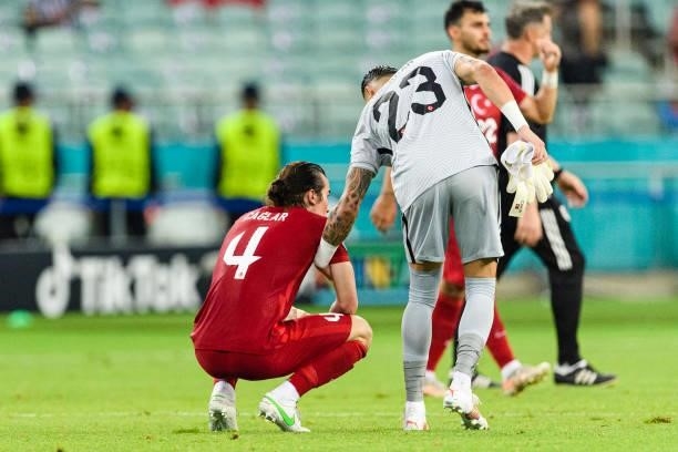 Caglar Soyuncu of Turkey reacts after been defeated by Wales during the UEFA Euro 2020 Championship Group A match between Turkey and Wales on June...