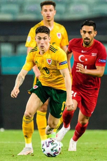 Harry Wilson of Wales runs with the ball during the UEFA Euro 2020 Championship Group A match between Turkey and Wales on June 16, 2021 in Baku,...