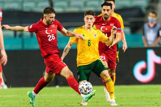 Halil Dervisoglu of Turkey plays against Harry Wilson of Wales during the UEFA Euro 2020 Championship Group A match between Turkey and Wales on June...