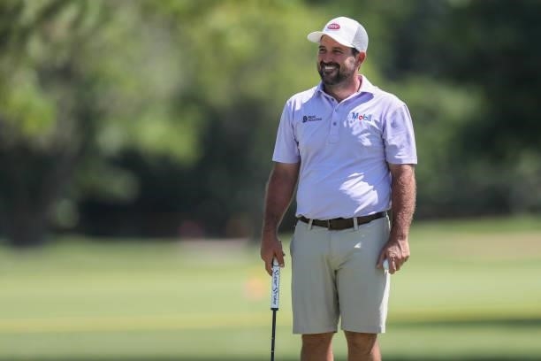 Roberto Diaz of Mexico looks on from the 9th green prior to the Wichita Open Benefitting KU Wichita Pediatrics at Crestview Country Club on June 16,...