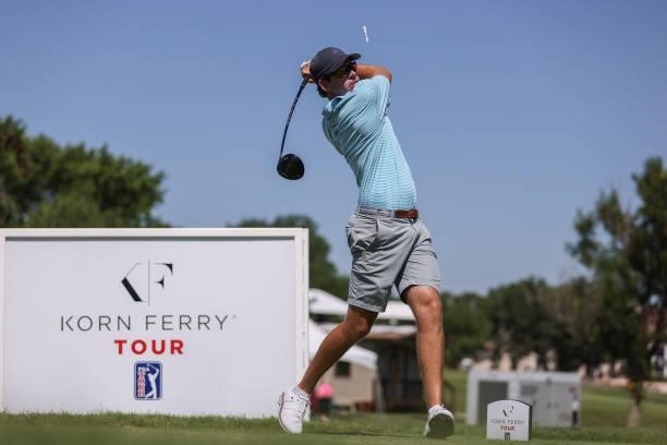 Ben Kohles plays his shot from the 10th Tee prior to the Wichita Open Benefitting KU Wichita Pediatrics at Crestview Country Club on June 16, 2021 in...