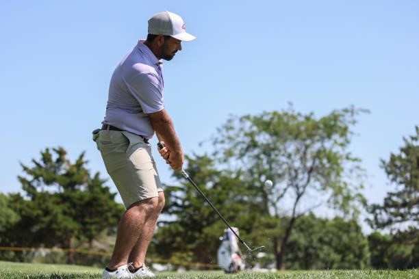 Roberto Diaz of Mexico plays his shot on the 9th green prior to the Wichita Open Benefitting KU Wichita Pediatrics at Crestview Country Club on June...