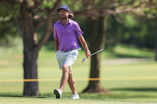Joey Garber looks on from the 9th green prior to the Wichita Open Benefitting KU Wichita Pediatrics at Crestview Country Club on June 16, 2021 in...