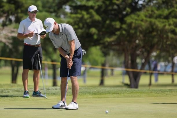 Taylor Moore putts on the 9th green prior to the Wichita Open Benefitting KU Wichita Pediatrics at Crestview Country Club on June 16, 2021 in...