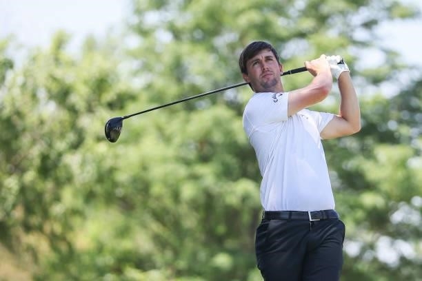 Ollie Schniederjans plays his shot from the 2nd Tee prior to the Wichita Open Benefitting KU Wichita Pediatrics at Crestview Country Club on June 16,...