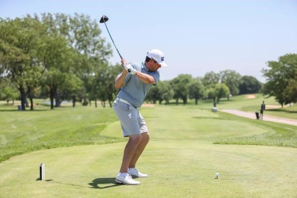 Alex Prugh plays his shot from the 1st Tee prior to the Wichita Open Benefitting KU Wichita Pediatrics at Crestview Country Club on June 16, 2021 in...