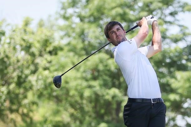 Ollie Schniederjans plays his shot from the 2nd Tee prior to the Wichita Open Benefitting KU Wichita Pediatrics at Crestview Country Club on June 16,...