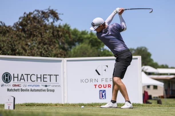 Max Greyserman plays his shot from the 10th Tee prior to the Wichita Open Benefitting KU Wichita Pediatrics at Crestview Country Club on June 16,...