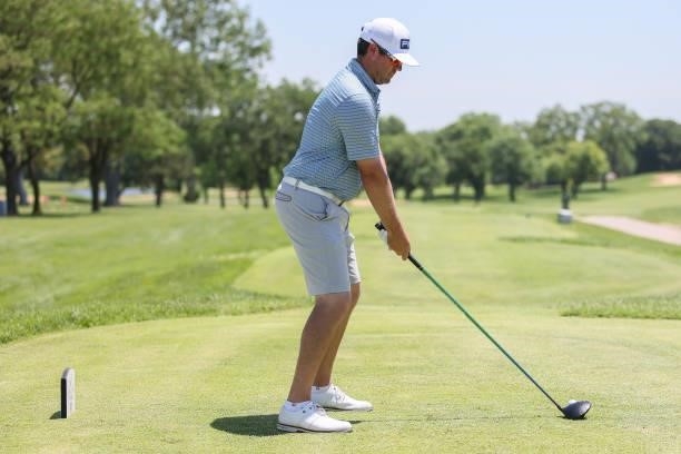 Alex Prugh plays his shot from the 1st Tee prior to the Wichita Open Benefitting KU Wichita Pediatrics at Crestview Country Club on June 16, 2021 in...
