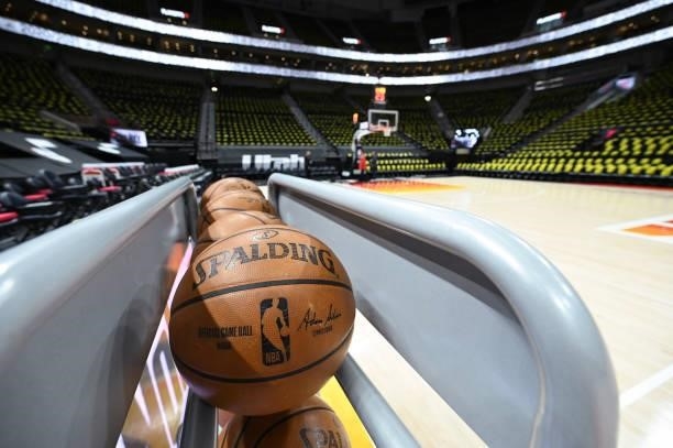 Generic image of the Spalding basketballs before the game between the LA Clippers and Utah Jazz during Round 2, Game 5 of the 2021 NBA Playoffs on...