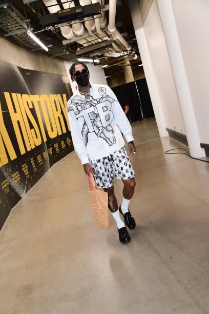 Jordan Clarkson of the Utah Jazz arrives to the arena before the game against the LA Clippers during Round 2, Game 5 of the 2021 NBA Playoffs on June...