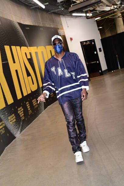 Miye Oni of the Utah Jazz arrives to the arena before the game against the LA Clippers during Round 2, Game 5 of the 2021 NBA Playoffs on June 16,...