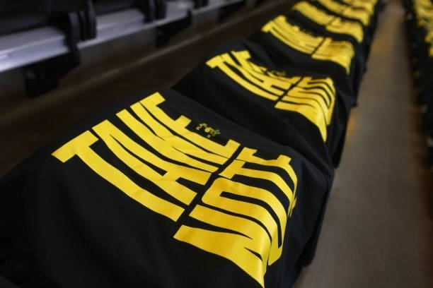 Fan giveaway tee shirts sit on the chairs before the Utah Jazz game against the LA Clippers during Round 2, Game 5 of the 2021 NBA Playoffs on June...