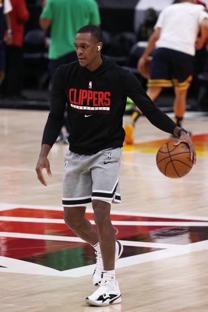 Rajon Rondo of the LA Clippers warms up before the game against the Utah Jazz during Round 2, Game 5 of the 2021 NBA Playoffs on June 16, 2021 at...