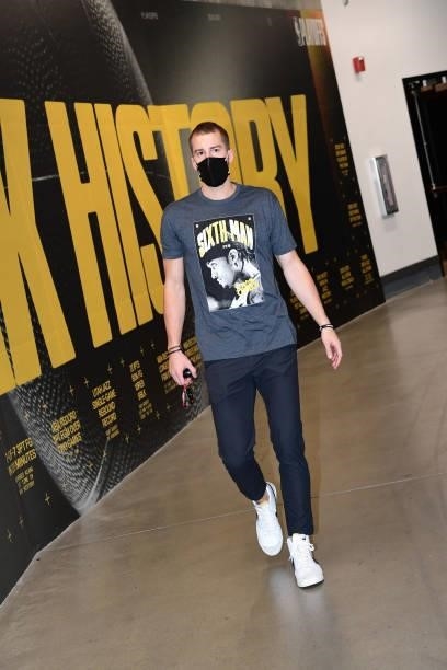Matt Thomas of the Utah Jazz arrives to the arena before the game against the LA Clippers during Round 2, Game 5 of the 2021 NBA Playoffs on June 16,...
