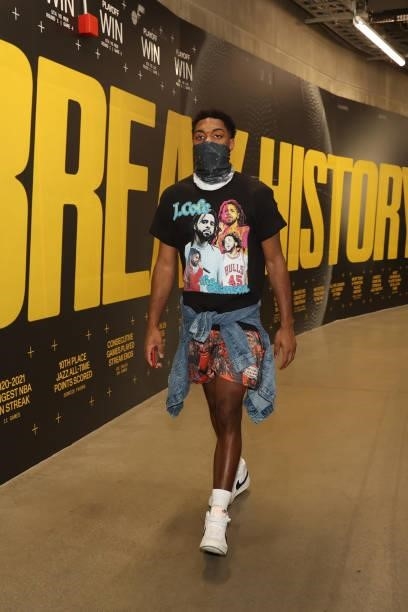 Trent Forrest of the Utah Jazz arrives to the arena before the game against the LA Clippers during Round 2, Game 5 of the 2021 NBA Playoffs on June...