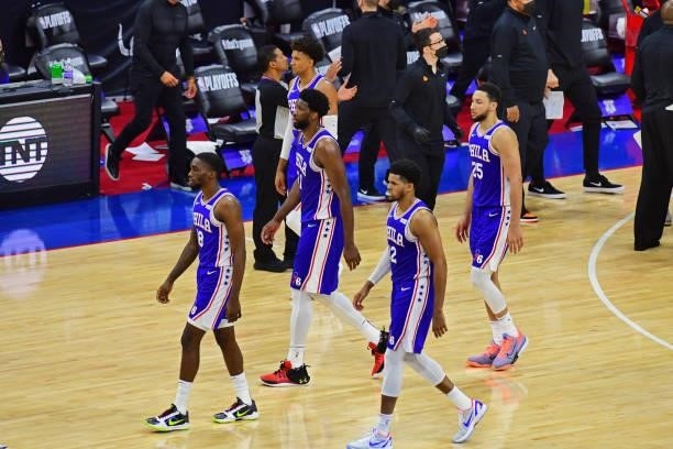 The Philadelphia 76ers walk on during the game in game 5 of the conference semifinals on June 16, 2021 at Wells Fargo Center, Philadelphia, PA. NOTE...
