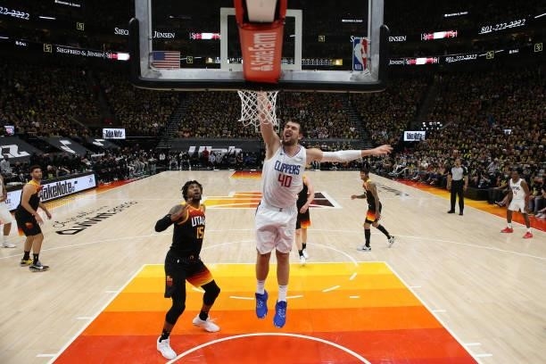 Ivica Zubac of the LA Clippers dunks the ball against the Utah Jazz during Round 2, Game 5 of the 2021 NBA Playoffs on June 16 1, 2021 at...