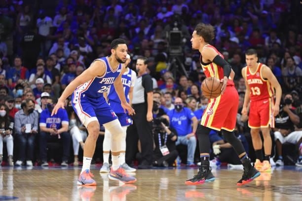Ben Simmons of the Philadelphia 76ers plays defense against Trae Young of the Atlanta Hawks during Round 2, Game 5 of the Eastern Conference Playoffs...