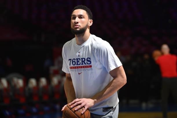 Ben Simmons of the Philadelphia 76ers warms up prior to a game against the Atlanta Hawks during Round 2, Game 5 of the Eastern Conference Playoffs on...