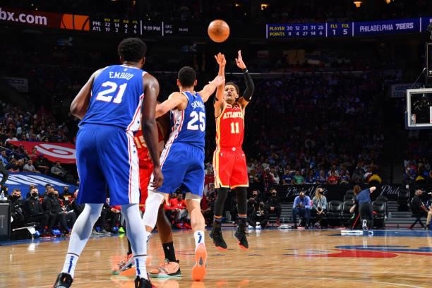 Trae Young of the Atlanta Hawks shoots a three-pointer against the Philadelphia 76ers during Round 2, Game 5 of the Eastern Conference Playoffs on...